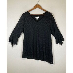 Chic Susan Graver Women Large Black Zebra Burnout Mesh Tunic Tie Sleeve Blouse